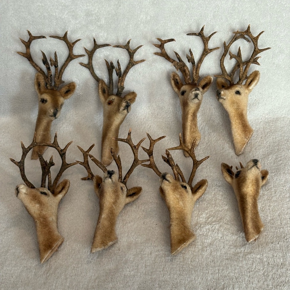VTG Lot Of 8 Christmas Flocked Buck Deer Heads Antlers Hong Kong 6.5" READ